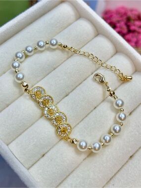 Gold Pearl Link Bracelet with Crystal Chain Accent - Women Jewelry